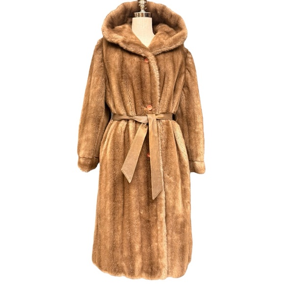 Vintage Jackets & Blazers - Vintage Tan Faux Fur Tissavel Trench Wrap Coat with Leather Belt, Size M